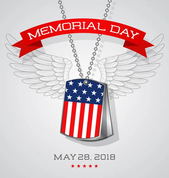 Memorial Day card or banner design with soldier's dog tags with flag and wings background — Stock Vector