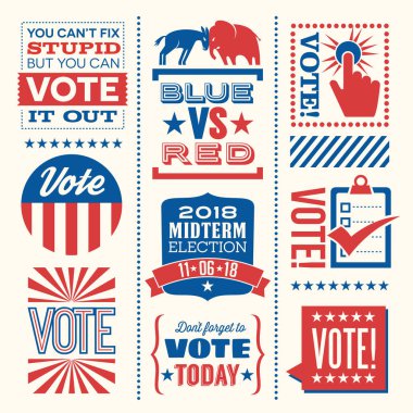 Patriotic design elements and motivational messages to encourage voting in United States 2018 election. For web banners, cards, posters, stickers clipart