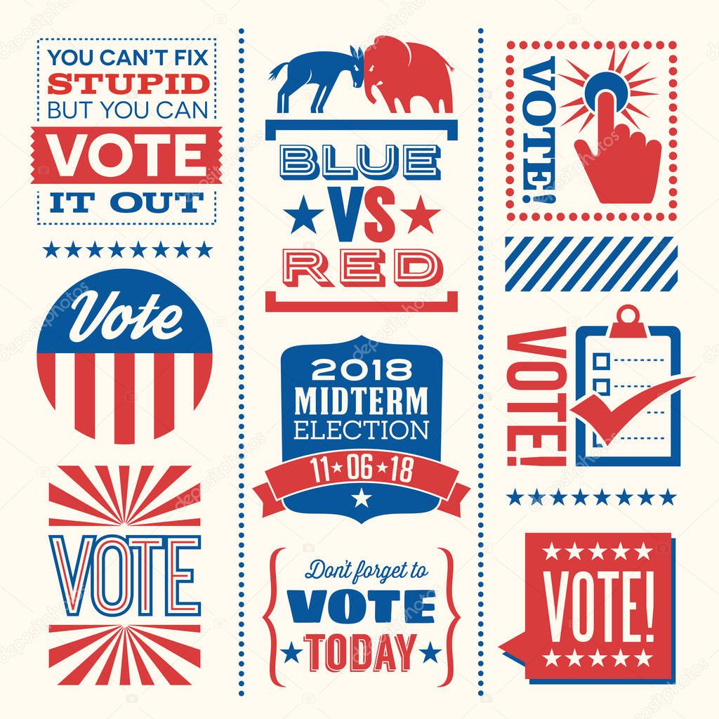 Patriotic design elements and motivational messages to encourage voting in United States 2018 election. For web banners, cards, posters, stickers