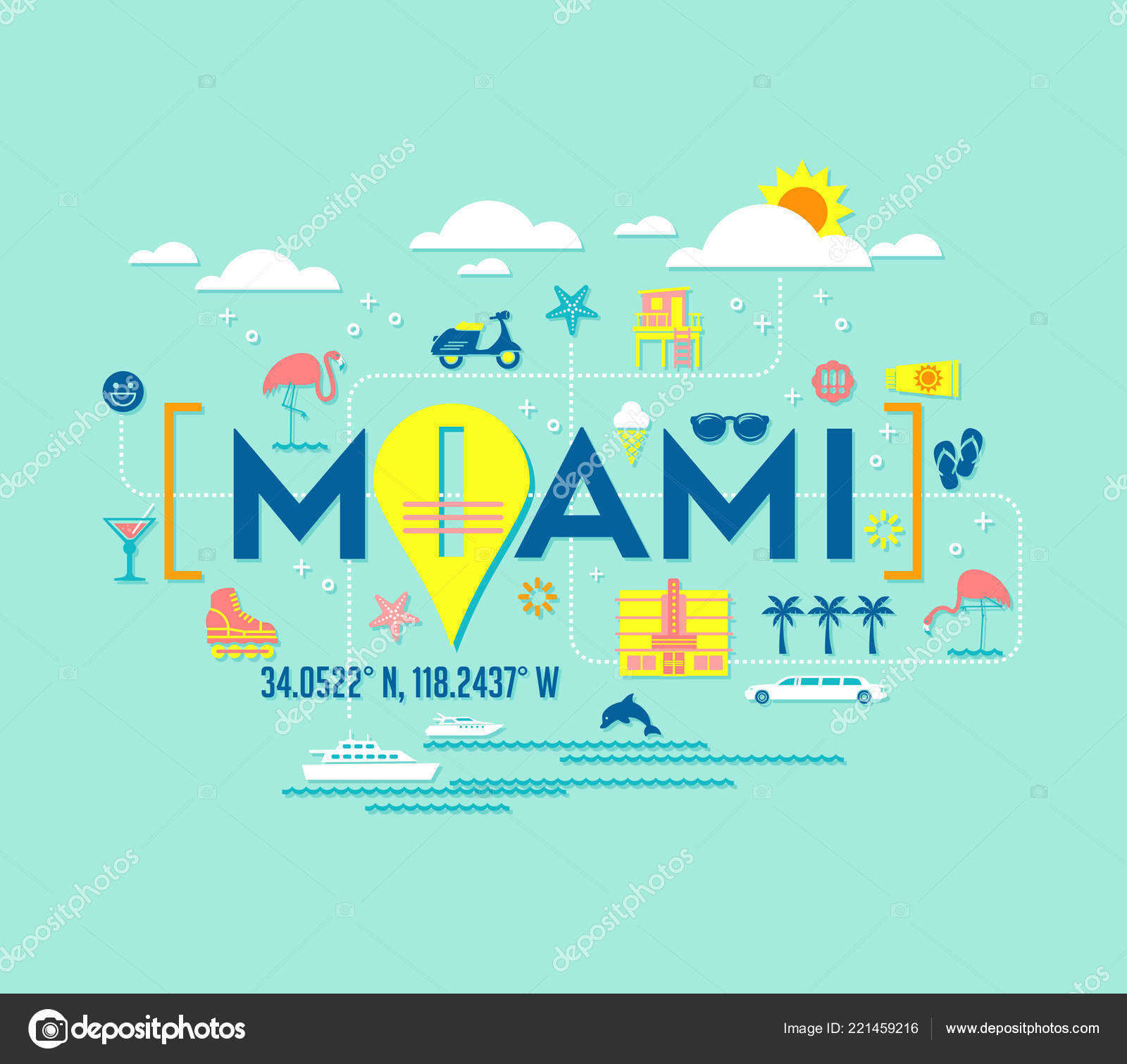 Miami, Florida vector design of attractions icons, and typography. For  t-shirts, cards, banners, posters. Stock Vector by ©TeddyandMia 221459216