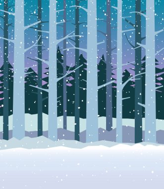 Kışın yağan kar ile orman. Bir kış gecesi uzun çıplak ağaçlar. Noel ve yeni yıl tebrik kartları, duvar kağıdı, afişler, posterler için.