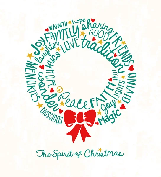 Holiday Greeting Card Inspiring Handwritten Words Christmas Wreath Shape Word — Stock Vector