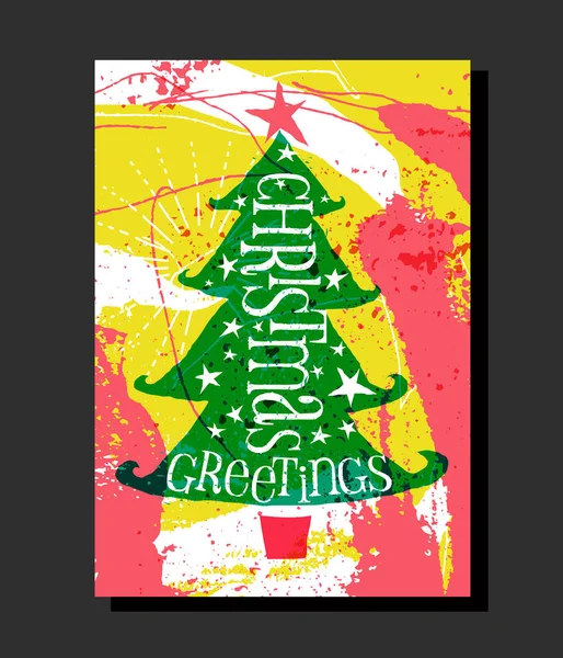 Urlaubsdesign Mit Abstrakt Gebürstetem Und Gesprenkelten Hintergrund Handgezeichneter Weihnachtsbaum Und — Stockvektor