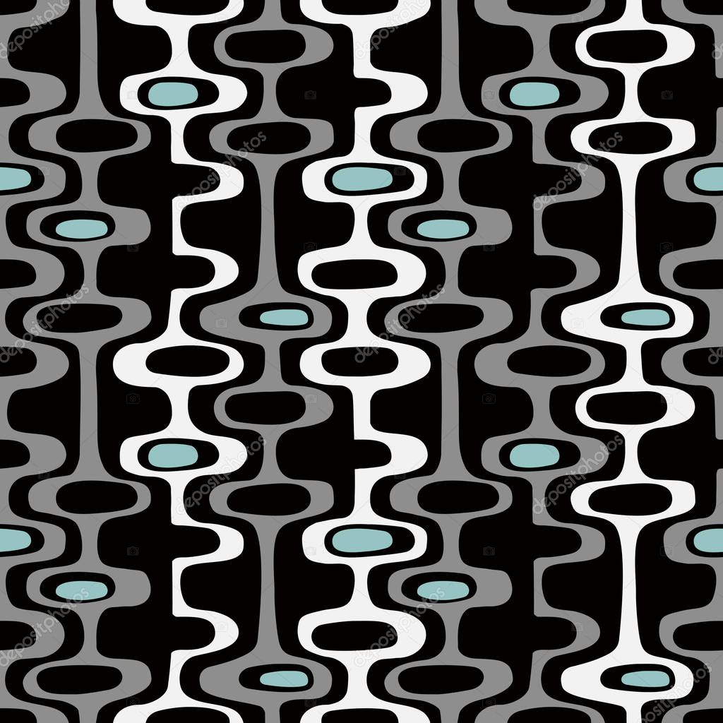 Seamless abstract mid century modern pattern for backgrounds, fabric design, wrapping paper, scrapbooks and covers. Retro design of organic oval shapes and stripes. Vector illustration.