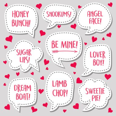 Seamless pattern of Valentines Day talk bubbles with cute names and phrases. for gift wrap, backgrounds, scrapbooks, banners. Vector illustration. clipart