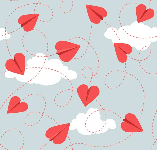 ハート型の紙飛行機のシームレスなバレンタインデーパターン 青空の背景に飛んで赤い心 ベクターイラスト — ストックベクタ