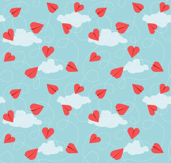 ハート型の紙飛行機のシームレスなバレンタインデーパターン 青空の背景に飛んで赤い心 ベクターイラスト — ストックベクタ