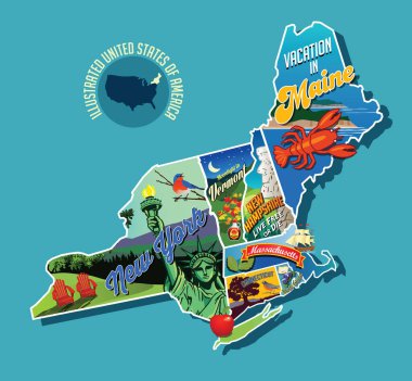 Resimli resimsel harita, Kuzeydoğu Amerika Birleşik Devletleri. Maine, New Hampshire, Vermont, Massachusetts, Connecticut, Rhode Island ve New York içerir. Vektör çizim.