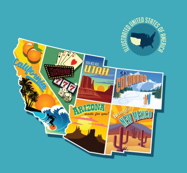 Illustrated pictorial map of southwest United States. Includes California, Nevada, Utah, Arizona, New Mexico and Colorado. Vector Illustration. clipart