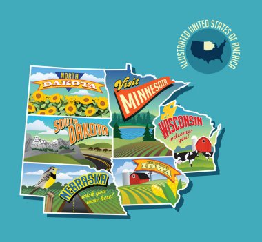 Illustrated pictorial map of Midwest United States. Includes North and South Dakota, Nebraska, Minnesota, Iowa and Wisconsin. Vector Illustration. clipart