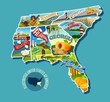 Illustrated pictorial map of Southern United States. Includes Tennessee, Carolinas, Georgia, Florida, Alabama and Mississippi. Vector Illustration. clipart