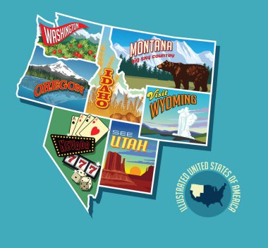 Resimli resimsel harita, Kuzey Batı Amerika Birleşik Devletleri. Washington, Oregon, Idaho, Montana, Wyoming, Nevada ve Utah içerir. Vektör çizim.