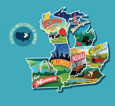 Orta Batı Amerika Birleşik Devletleri resimli resimsel haritası. Wisconsin, Michigan, Missouri, Illinois, Indiana, Kentucky ve Ohio içerir. Vektör çizim.