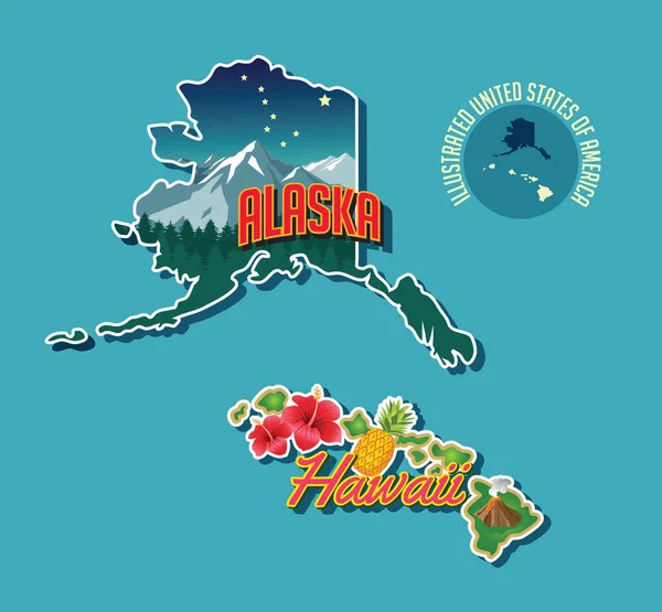 Illustrated Pictorial Map Alaska Hawaii United States Vector Illustration — Stock Vector