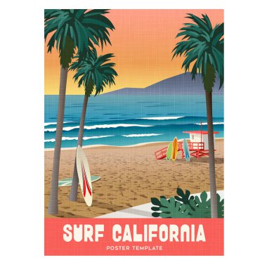 California sörf seyahat poster günbatımı ve palmiye ağaçları ile. Vektör çizim.