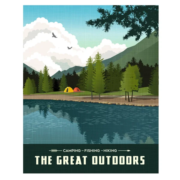 Scenic landscape with mountains, forest and lake with camping tents. Summer travel poster or sticker design. — Stock Vector