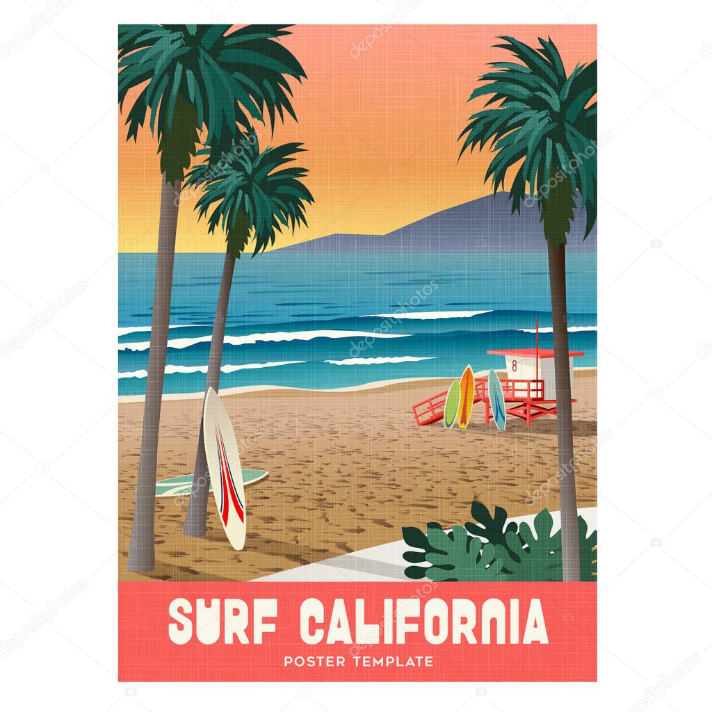 California surfing travel poster with sunset and palm trees. Vector illustration.