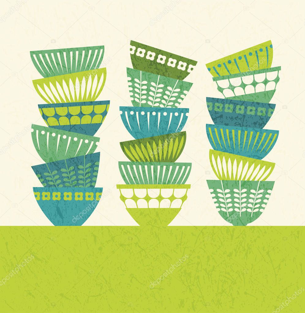 Stacked colorful kitchen bowls with mid century modern designs. Vector illustration for posters, prints, greeting cards and invitations.