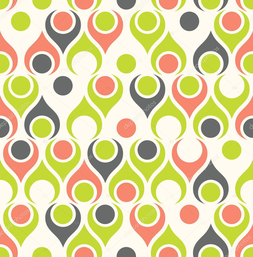 Seamless abstract midcentury modern pattern for backgrounds, fabric design, wrapping paper, scrapbooks and covers. Retro design of teardrop shapes and vintage colors. 