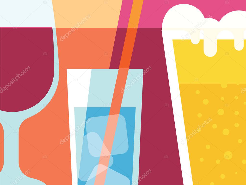 Abstract beverages design in flat cut out style. glasses of red wine, beer and mineral water. Vector illustration.