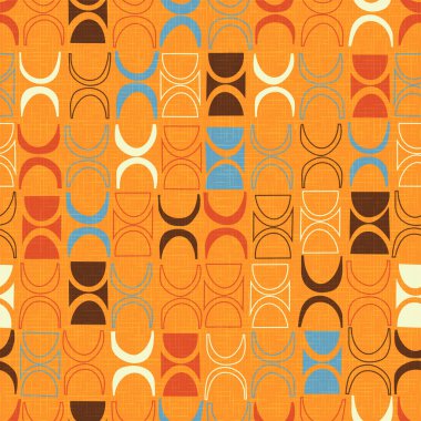 Arka planlar, kumaş tasarımı, ambalaj kağıdı, defter ler ve kapaklar için dikişsiz soyut orta yüzyıl modern desen. Hilal ve dairelerin retro tasarımı. Vektör çizimi.