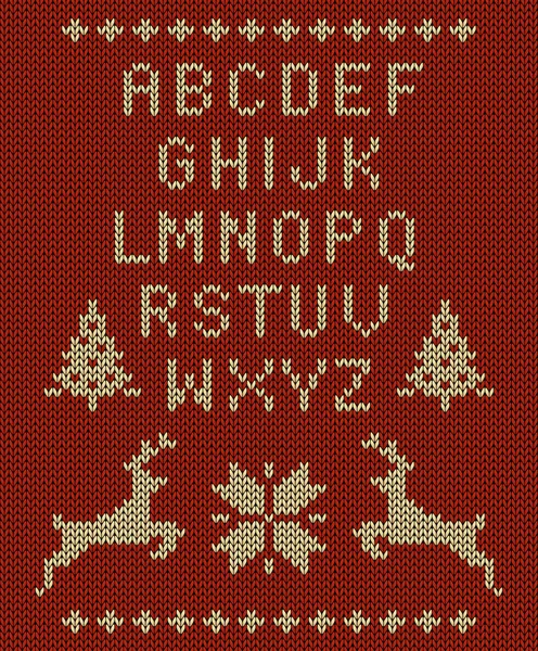 Conjunto de letras de punto vectorial, renos, copos de nieve y árboles de Navidad sobre fondo rojo de punto — Archivo Imágenes Vectoriales