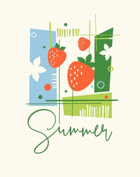 Design moderno e abstrato de verão para cartões, calendários, gráficos de camiseta. Design retro de morangos, folhagem e formas abstratas . — Vetor de Stock