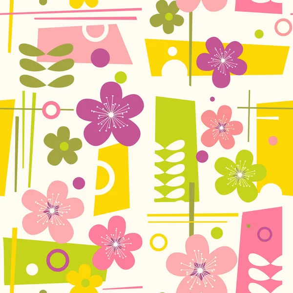 Sans couture milieu du siècle motif printemps moderne avec des fleurs — Image vectorielle