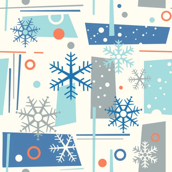 Seamless mid century modern winter pattern with snowflakes — Stock Vector
