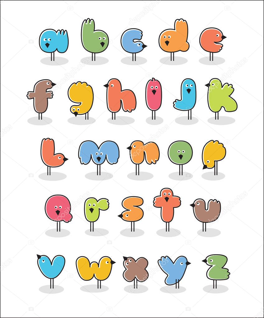 Set of cute colorful birds in the shape of letters. Cartoon bird alphabet for creative type, children's posters, design elements.
