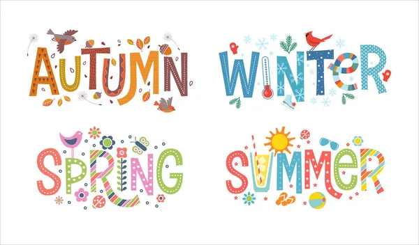 Dekorative, illustrierte Wörter Herbst, Winter, Frühling und Sommer. — Stockvektor