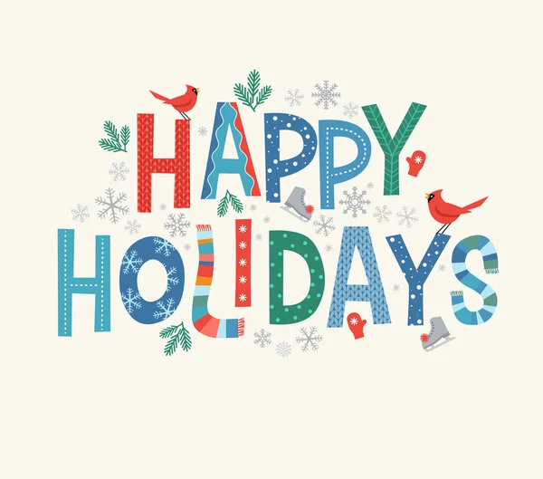 Färgglada bokstäver Happy Holidays med dekorativa säsongsbetonade designelement. — Stock vektor