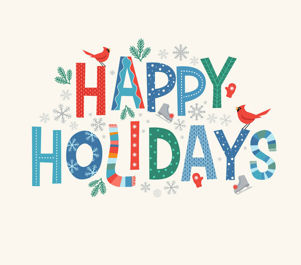 Colorful lettering Happy Holidays with decorative seasonal design elements.