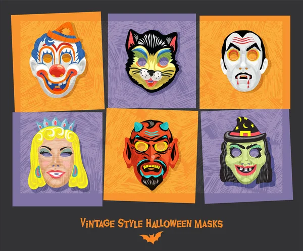 一套老式的面具，包括小丑、猫、吸血鬼、公主、魔鬼和巫婆. — 图库矢量图片