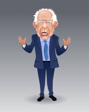 Bernie Sanders 'ın karikatürü, konuşuyor ve işaret ediyor. 2020 ABD başkanlık seçimlerinde Demokrat başkan adayı. 