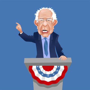 Bernie Sanders 'ın karikatürü, konuşuyor ve işaret ediyor. 2020 ABD başkanlık seçimlerinde Demokrat başkan adayı. 