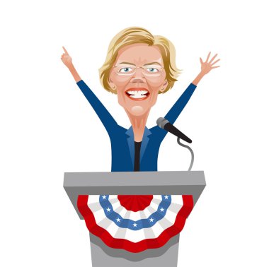 Elizabeth Warren 'ın karikatürü, konuşma yaparken. 2020 ABD başkanlık seçimlerinde Demokrat başkan adayı. Vektör İllüstrasyonu.