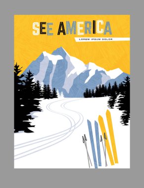 Retro style travel poster design for the United States.  Downhill skiing in the mountains. clipart