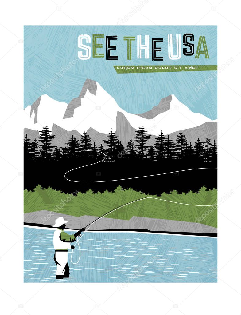 Retro style travel poster design for the United States.  Man fly fishing in stream with mountain backdrop. 