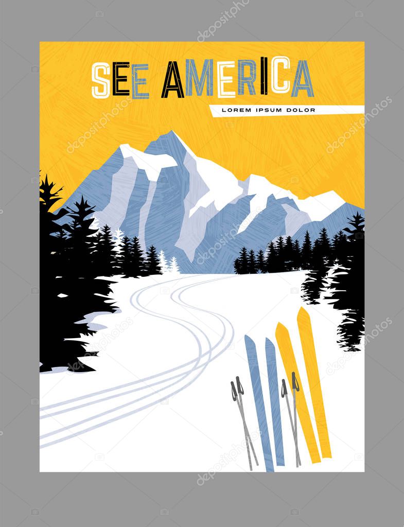 Retro style travel poster design for the United States.  Downhill skiing in the mountains.