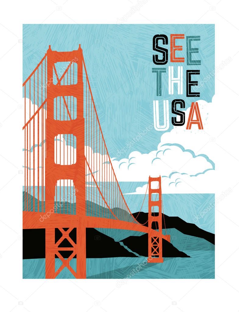 Retro style travel poster design for the United States.  Scenic image of Golden Gate Bridge. 