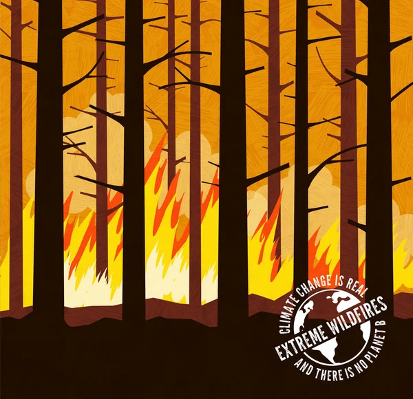森林大火熊熊燃烧 树木熊熊燃烧 带有警告图章的气候变化全球变暖系列 矢量说明 — 图库矢量图片