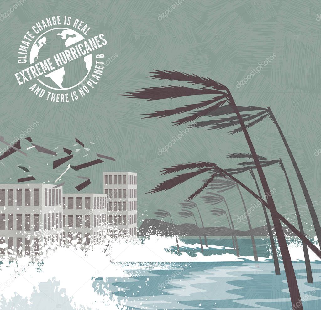 Extreme Hurricane with flying debris and waves pounding buildings, palm trees blowing over.  Climate change global warming series with warning stamp. Vector illustration.