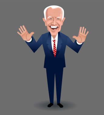 Joe Biden 'ın karikatürü, konuşuyor ve el kol hareketi yapıyor. 2020 ABD başkanlık seçimlerinde Demokrat başkan adayı.