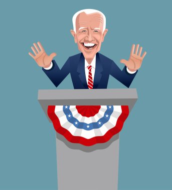 Joe Biden 'ın karikatürü, konuşuyor ve el kol hareketi yapıyor. 2020 ABD başkanlık seçimlerinde Demokrat başkan adayı. 