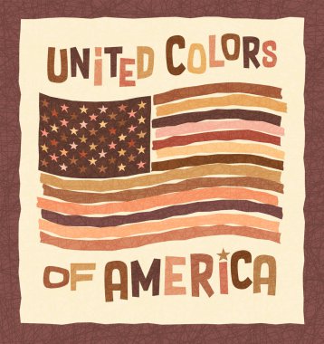 Ten renginde Amerikan bayrağı Afrika, Asya, Hindistan, Kafkas ve Amerikan Yerlileri 'ni kapsar. ABD 'de çeşitliliği ve birliği desteklemek için pankart tasarımı. Irkçılık karşıtı poster.