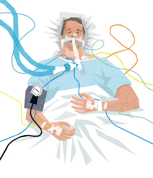 Ilustración Paciente Con Covid Hospital Con Respirador Con Vía Intravenosa — Vector de stock