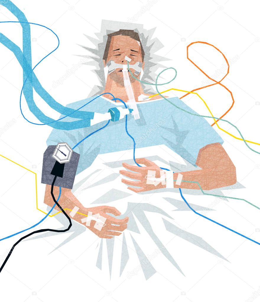  Illustration of a COVID-19 patient in the hospital on a ventilator, with IVs, feeding tube, blood pressure cuff.