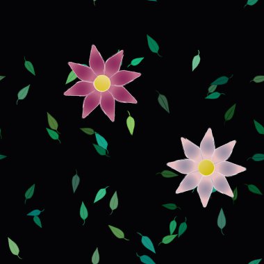 Yapraklı ve pürüzsüz arkaplanı olan yaz çiçeklerinin vektör çizimi