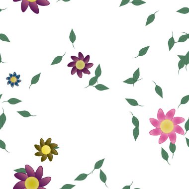 Yapraklı ve pürüzsüz arkaplanı olan yaz çiçeklerinin vektör çizimi